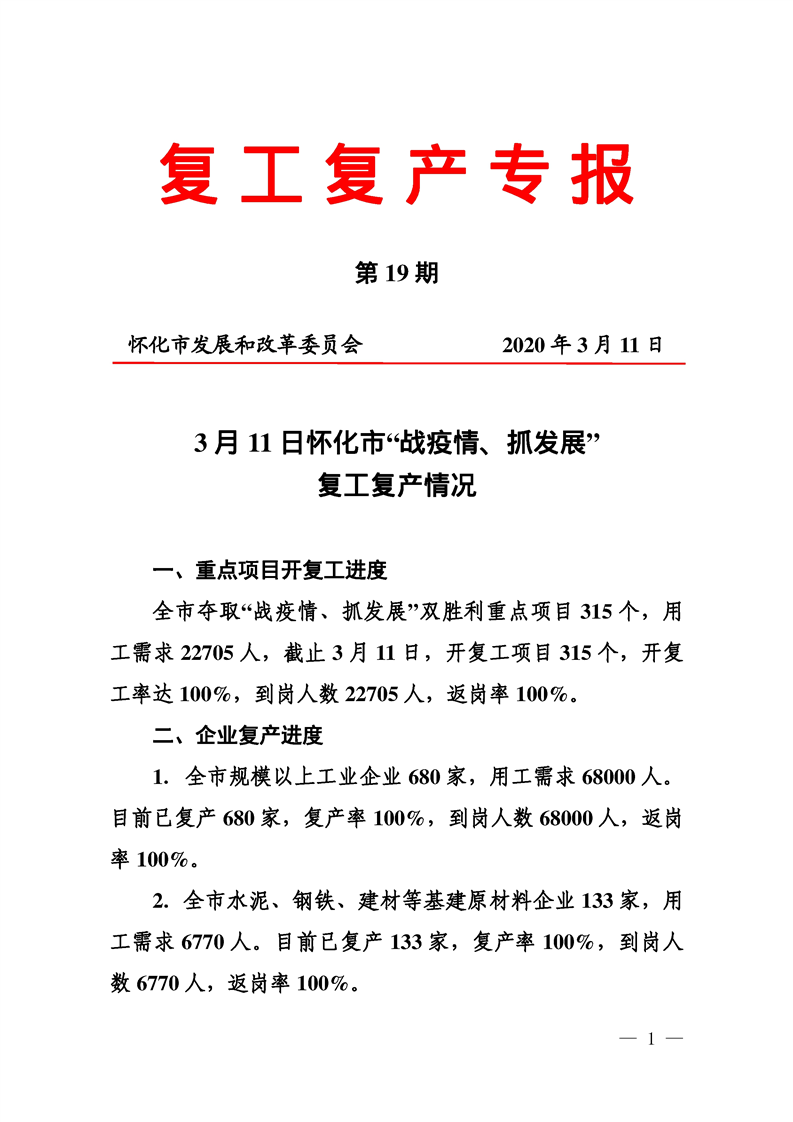 复工复产专报第19期 市发展和改革委员会