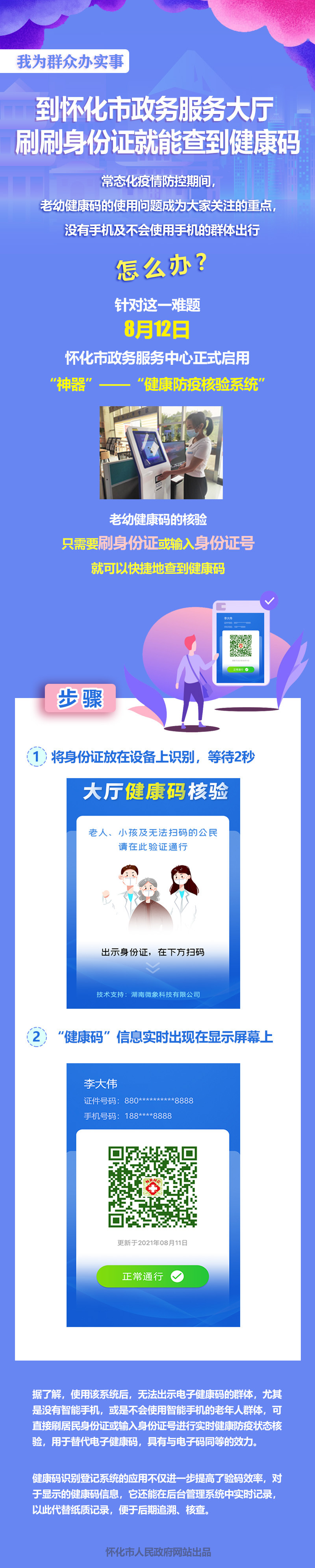 常态化疫情防控期间,老幼健康码的使用问题成为大家关注的重点,没有手机及不会使用手机的群体出行怎么办?针对这一难题,8月12日,怀化市政务服务中心正式启用“神器”——“健康防疫核验系统”,老幼健康码的核验只需要刷身份证或输入身份证号就可以快捷地查到健康码。  工作人员将老年人身份证放在识别设备上方停留2秒,“健康码”信息实时出现在显示屏幕上,绿码的市民在怀化市政务服务大厅快速有序通行。  据了解,使用该系统后,无法出示电子健康码的群体,尤其是没有智能手机,或是不会使用智能手机的老年人群体,可直接刷居民身份证或输入身份证号进行实时健康防疫状态核验,用于替代电子健康码,具有与电子码同等的效力。  健康码识别登记系统的应用不仅进一步提高了验码效率,对于显示的健康码信息,它还能在后台管理系统中实时记录,以此代替纸质记录,便于后期追溯、核查。